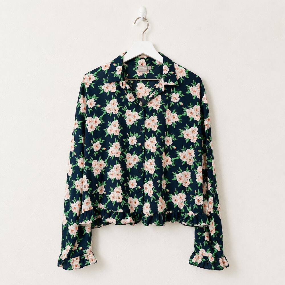 ASOS Dark Floral Coquette Ruffle Hem Button Down Blouse Size 12